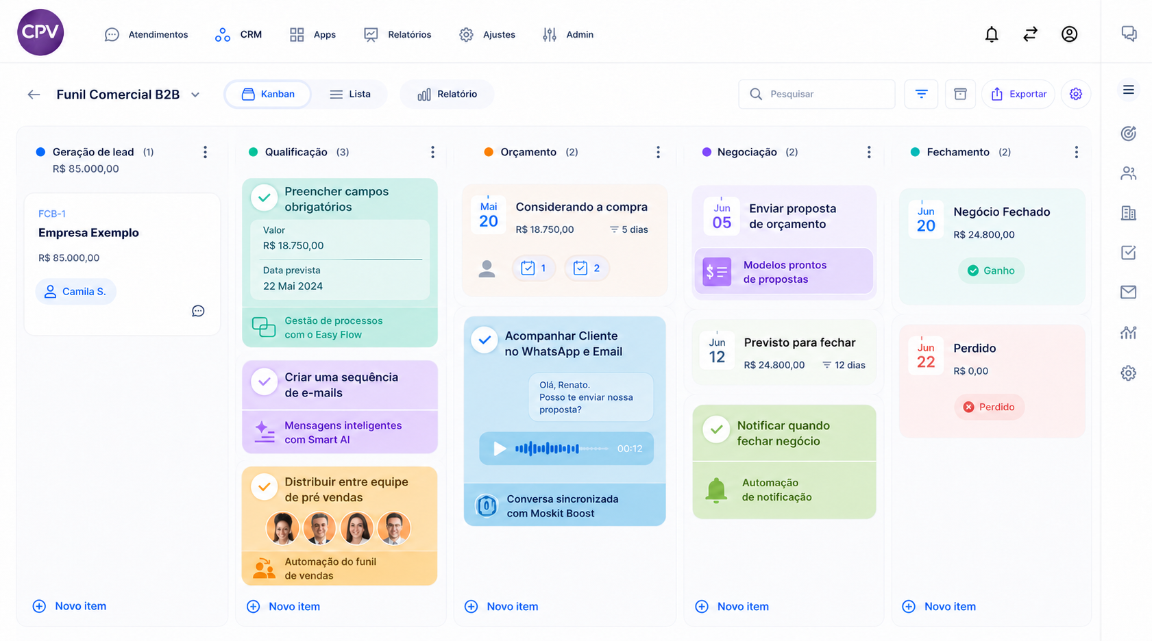 Interface do CRM CPV com funil comercial B2B